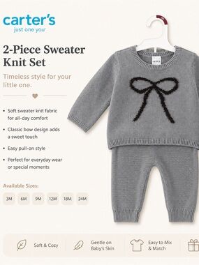 Carter's Gray Knit Sweater & Pants Set with Black Bow Accent